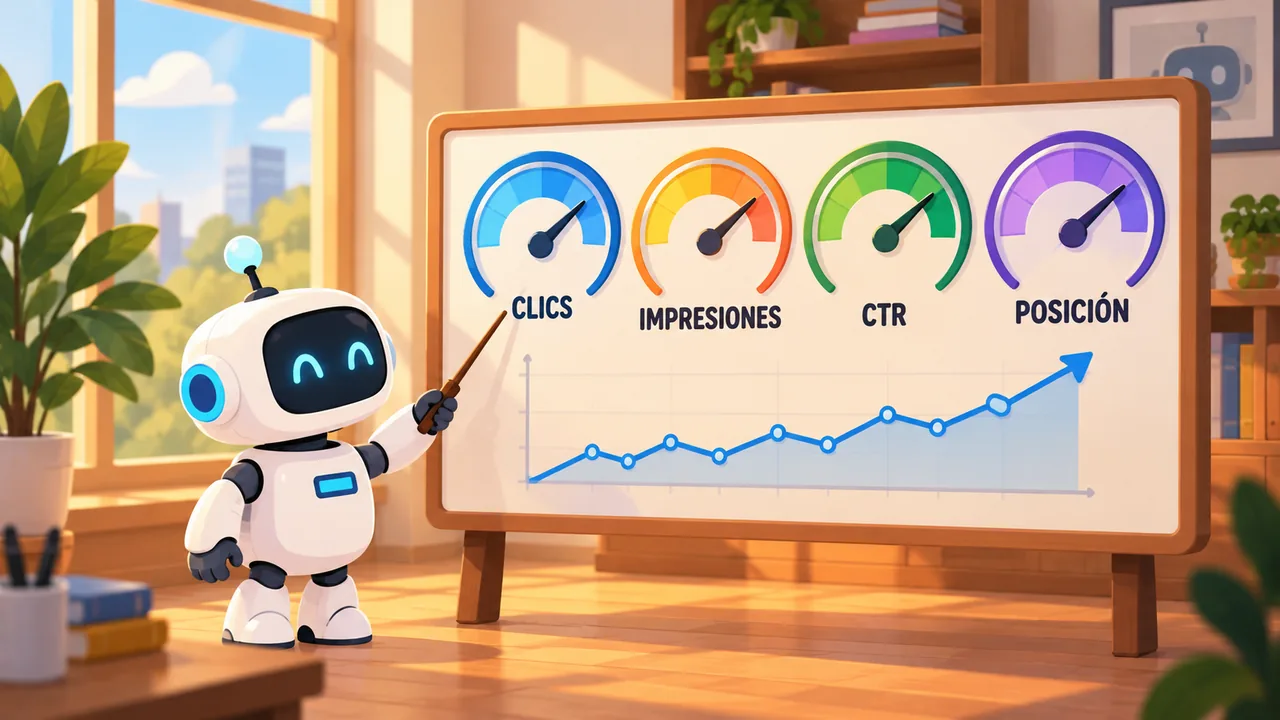 Un robot señala con un puntero cuatro relojes de colores etiquetados CLICS, IMPRESIONES, CTR y POSICIÓN, con una gráfica de línea subiendo debajo