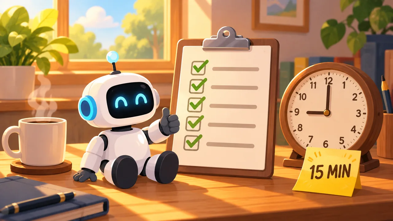 Un robot sentado junto a una lista de cinco tareas marcadas, una taza de café, un reloj y una nota que dice 15 MIN