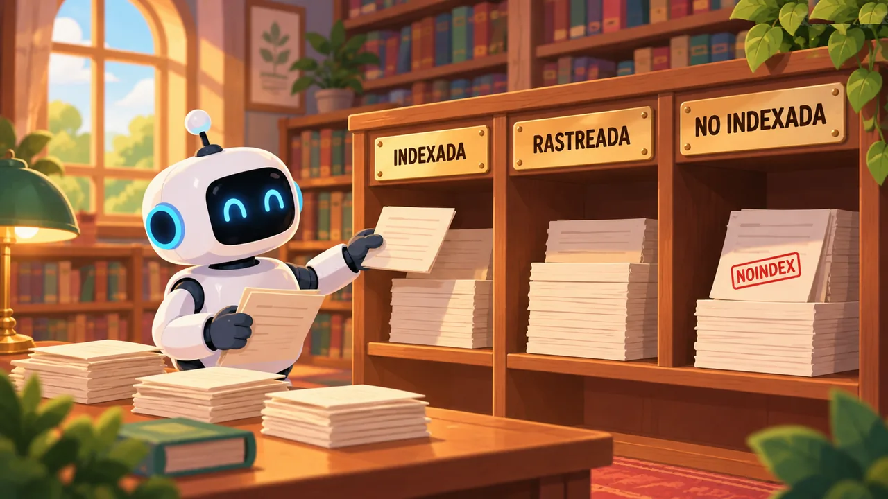 Un robot bibliotecario ordena hojas en tres estantes con carteles INDEXADA, RASTREADA y NO INDEXADA, y una hoja lleva un sello NOINDEX