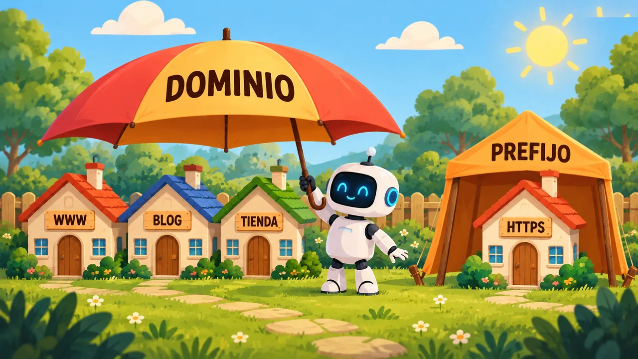 Un robot sostiene un paraguas grande con la palabra DOMINIO sobre tres casitas con carteles WWW, BLOG y TIENDA, y una carpa con la palabra PREFIJO cubre una sola casita