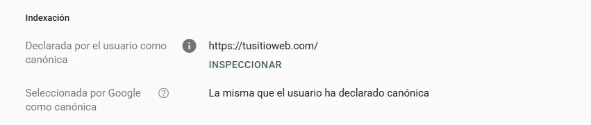 Comparación entre canonical declarada y canonical seleccionada por Google en Search Console.