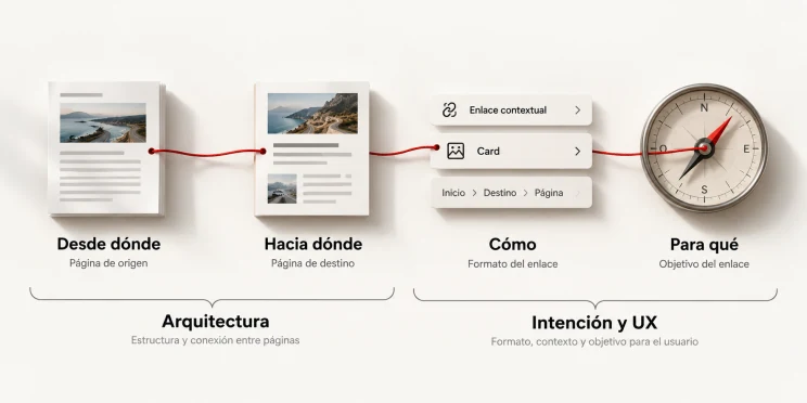 Esquema para decidir un enlace interno según origen, destino, formato e intención.