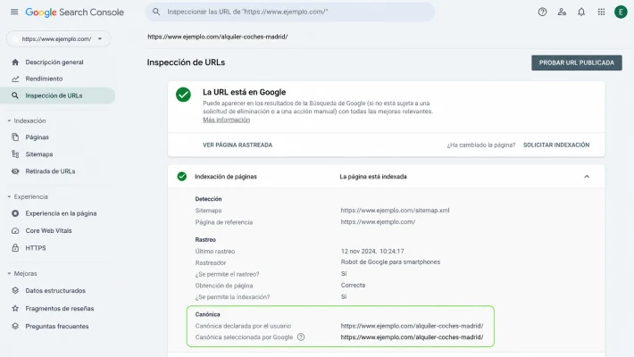 Comparación entre canonical declarada y canonical seleccionada por Google en Search Console.