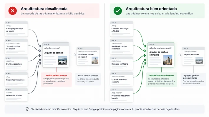 Ejemplo de cómo el enlazado interno puede favorecer una URL distinta de la deseada.