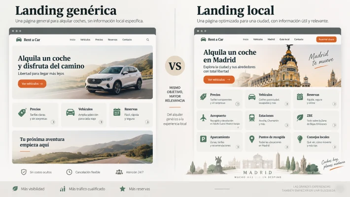 Diferencias de contenido entre una landing genérica y una landing SEO local.