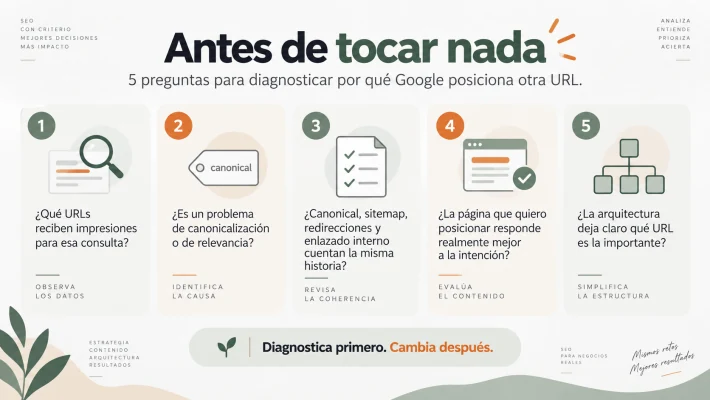 Checklist para diagnosticar por qué Google posiciona una URL distinta de la esperada.