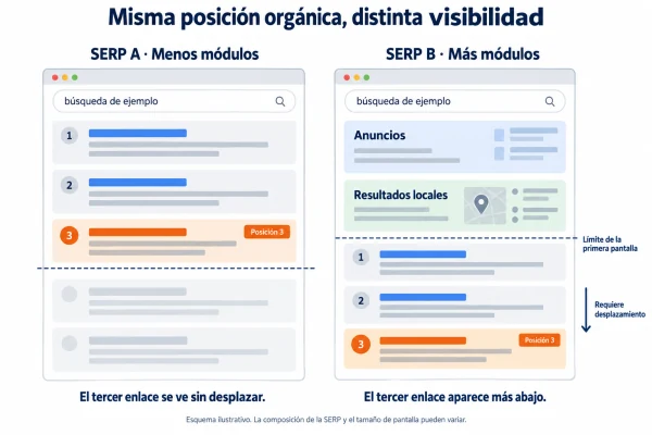 Dos SERPs ilustrativas muestran el tercer resultado orgánico a distintas alturas de la pantalla.