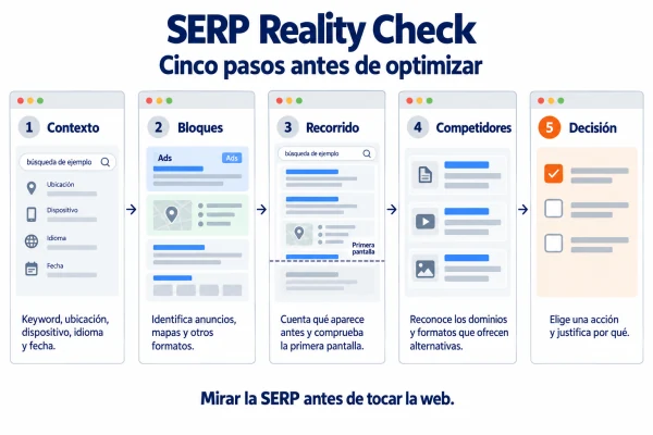 Cinco pasos del SERP Reality Check: contexto, bloques, recorrido, competidores y decisión.