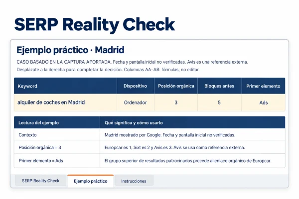 Hoja SERP Reality Check con la plantilla de auditoría y el ejemplo práctico de alquiler de coches en Madrid.