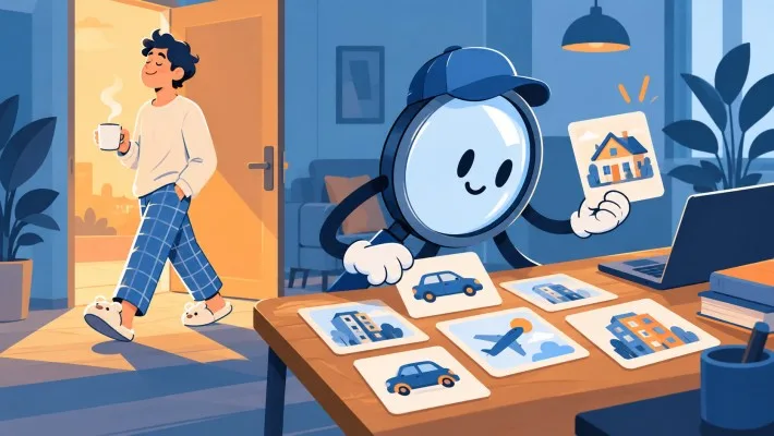 Una persona se va tranquila con su café mientras una lupa gigante sigue buscando por ella entre tarjetas de pisos, coches y billetes.