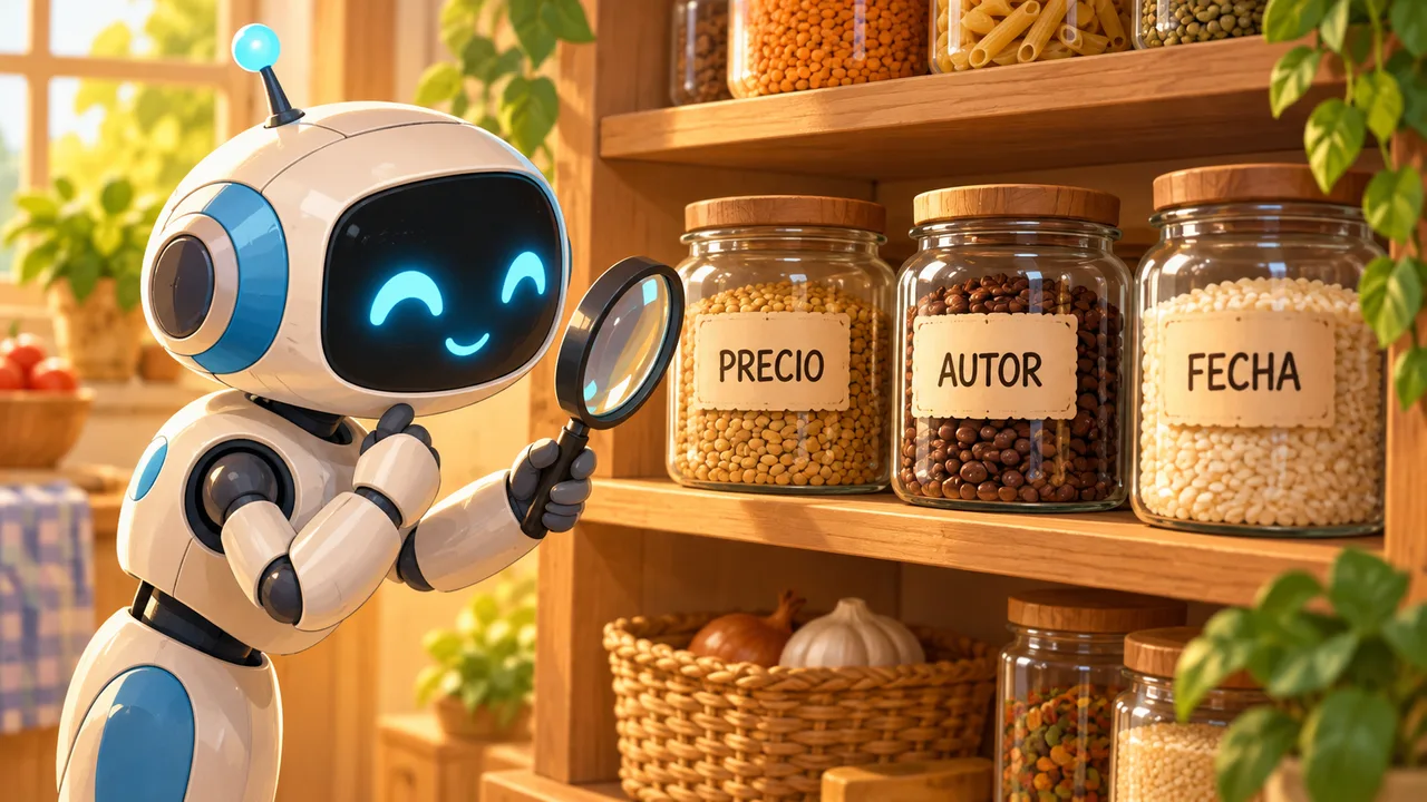 Estantería de despensa con botes etiquetados PRECIO, AUTOR y FECHA mientras un robot lee las etiquetas