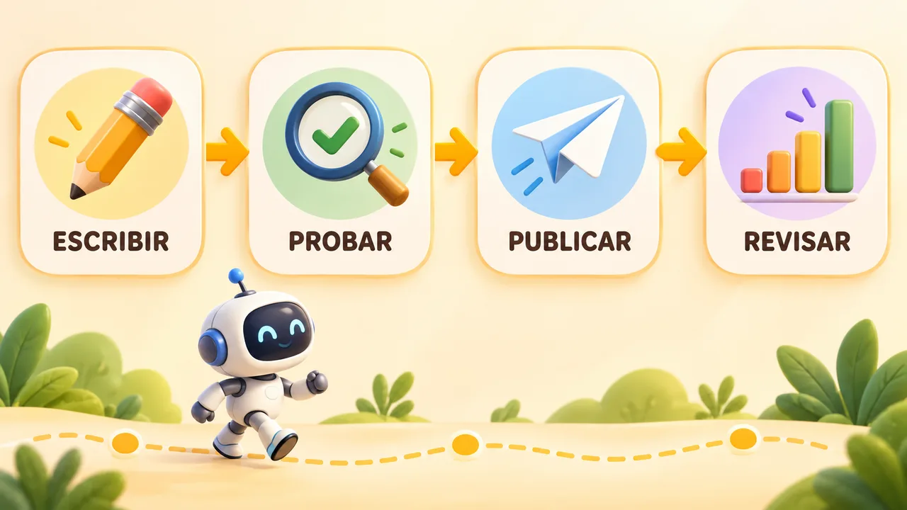 Flujo de cuatro pasos: escribir el marcado, probarlo, publicarlo y revisar el informe de Search Console