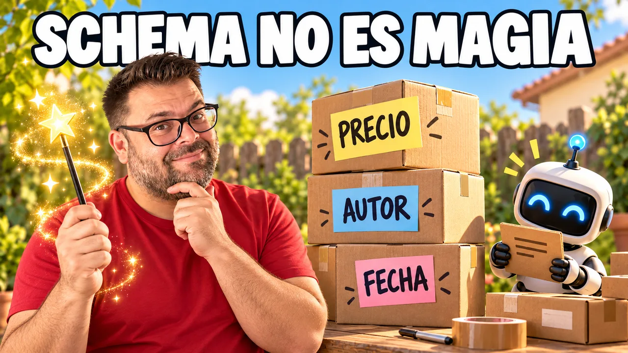 Alejandro Castillo con gesto escéptico y una varita mágica en la mano junto a unas cajas con etiquetas de colores y un robot pequeño que las lee