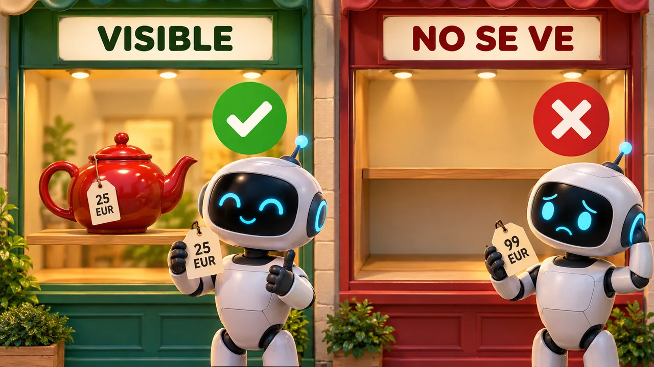 Dos escaparates: en el visible una tetera con precio y un robot con la misma etiqueta, y en el vacío un robot con una etiqueta de 99 EUR que no coincide con nada