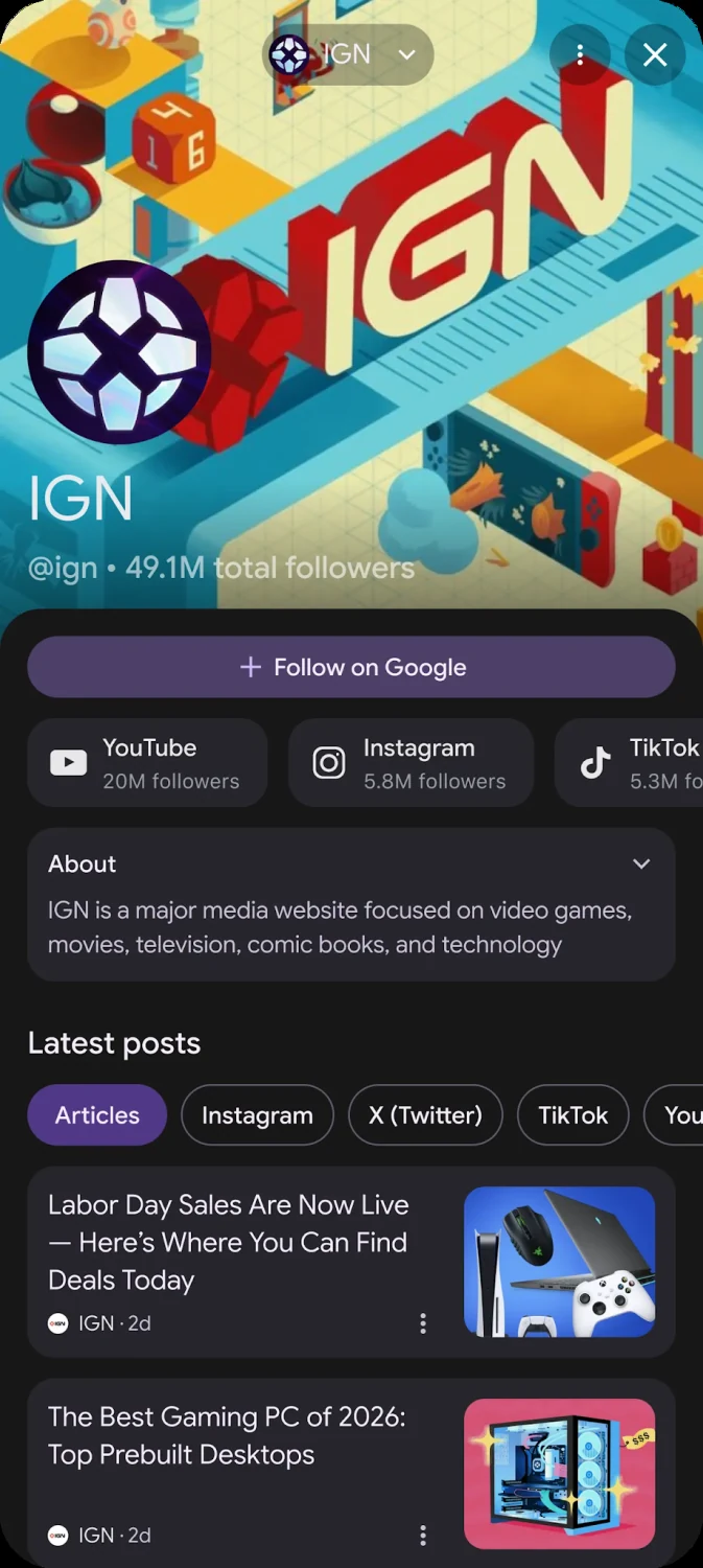 Perfil de IGN en Google con el botón «Follow on Google», enlaces a YouTube, Instagram y TikTok, y una lista de artículos con miniaturas.