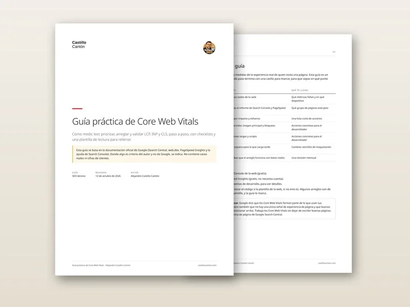 Portada y una página interior de la Guía práctica de Core Web Vitals en PDF