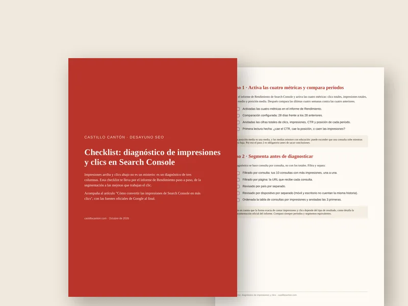 Portada y una página interior de la checklist de diagnóstico de impresiones y clics en Search Console en PDF