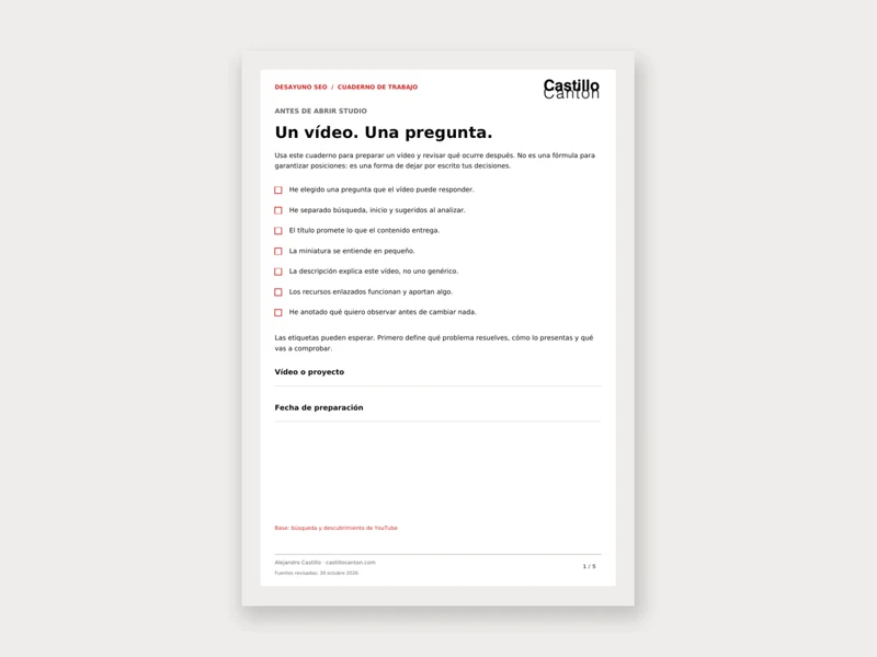 Primera página del cuaderno de trabajo de SEO en YouTube